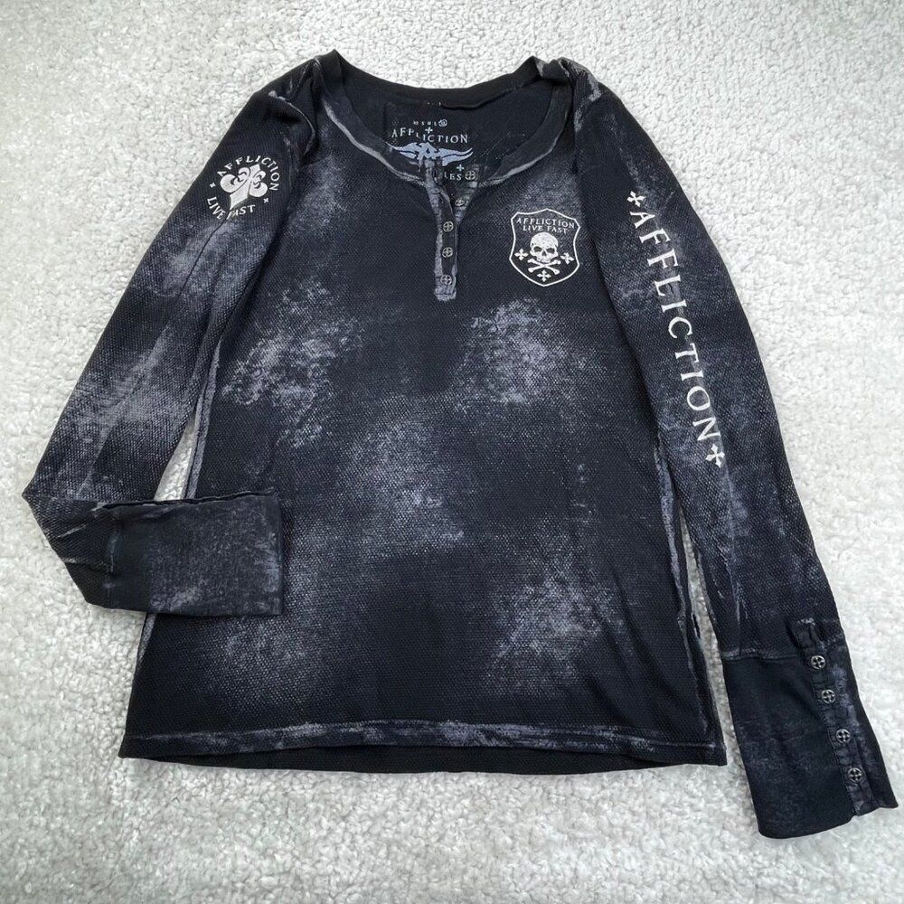 Affliction Live Fast Henley Studded Long Sleeve Top Black Womens XL